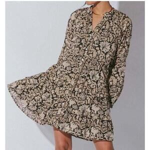 Cleobella Mylah Mini Dress Brown Black Long Sleeve Cotton Tassel Button XS